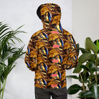 Recycled white unisex hoodie with all-over serpentine Nicaragua print and hood, by Daemon Luxury.