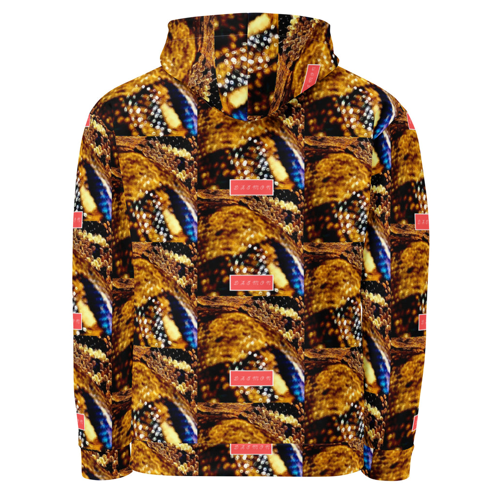 Recycled white unisex hoodie with all-over serpentine Nicaragua print and hood, from Daemon Luxury.