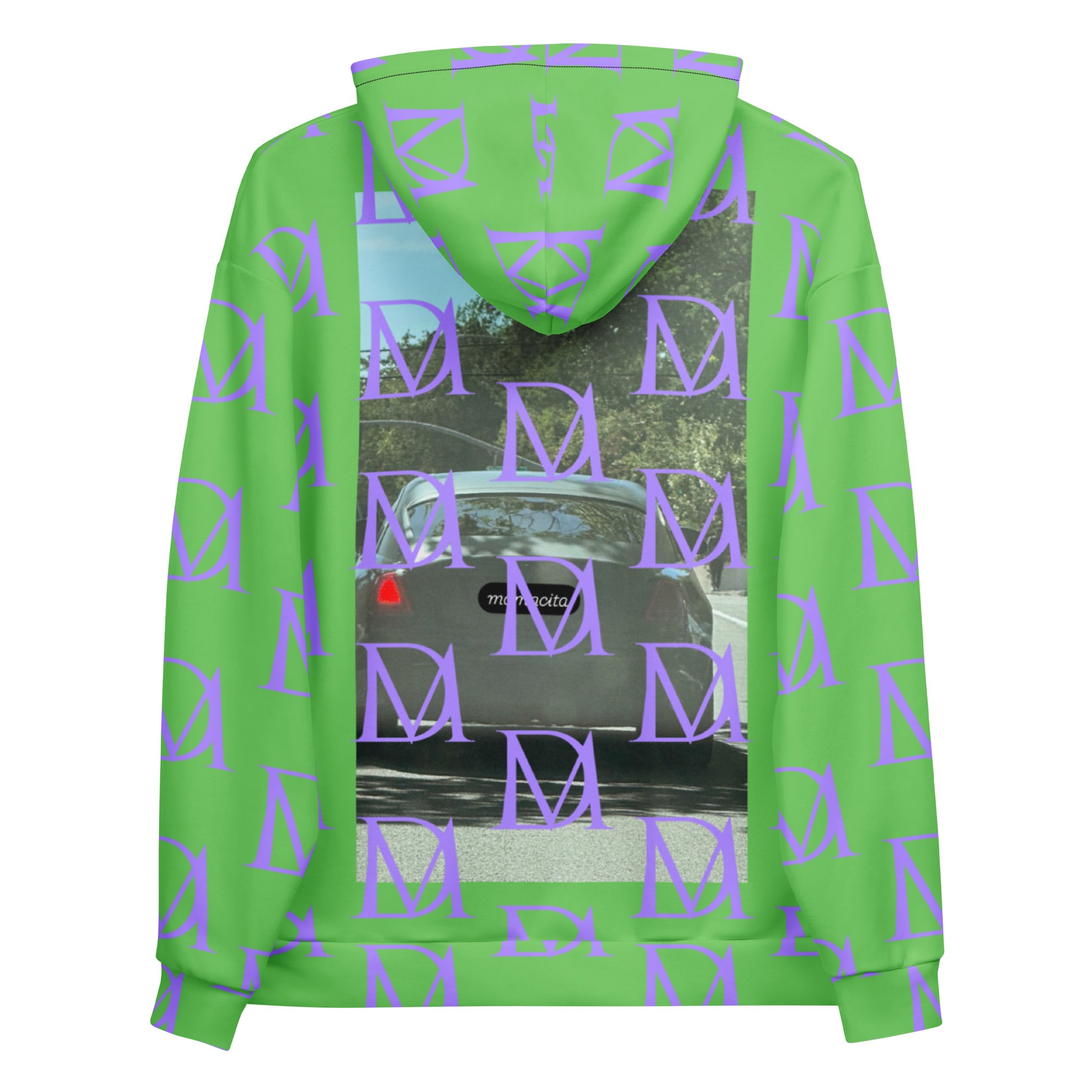 Unisex Daemon Luxury Summer Breeze .1 Lilac Lux felpa hoodie with all-over recycled print, white background, back view.