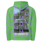 Recycled white unisex hoodie by Daemon Luxury featuring all-over lilac and pastel-colored Summer Breeze .1 print on the back.