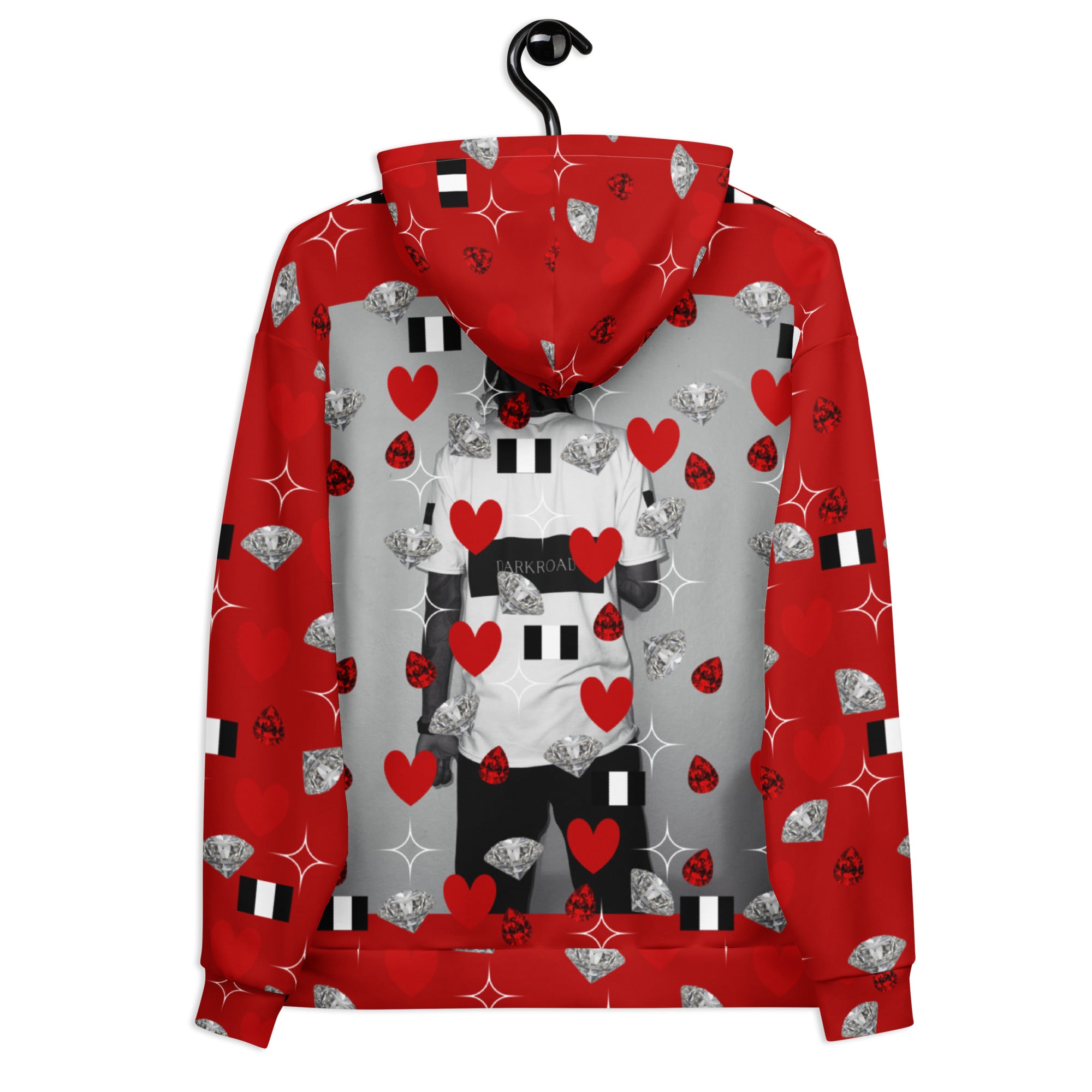 White Daemon Luxury Foreigners Luv La Flame unisex hoodie with all-over print and recycled fabric, back view of the hoodie.