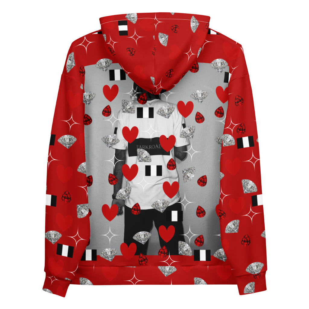 White Daemon Luxury Foreigners Luv La Flame Dim unisex hoodie with all-over printed recycled fabric, back view.