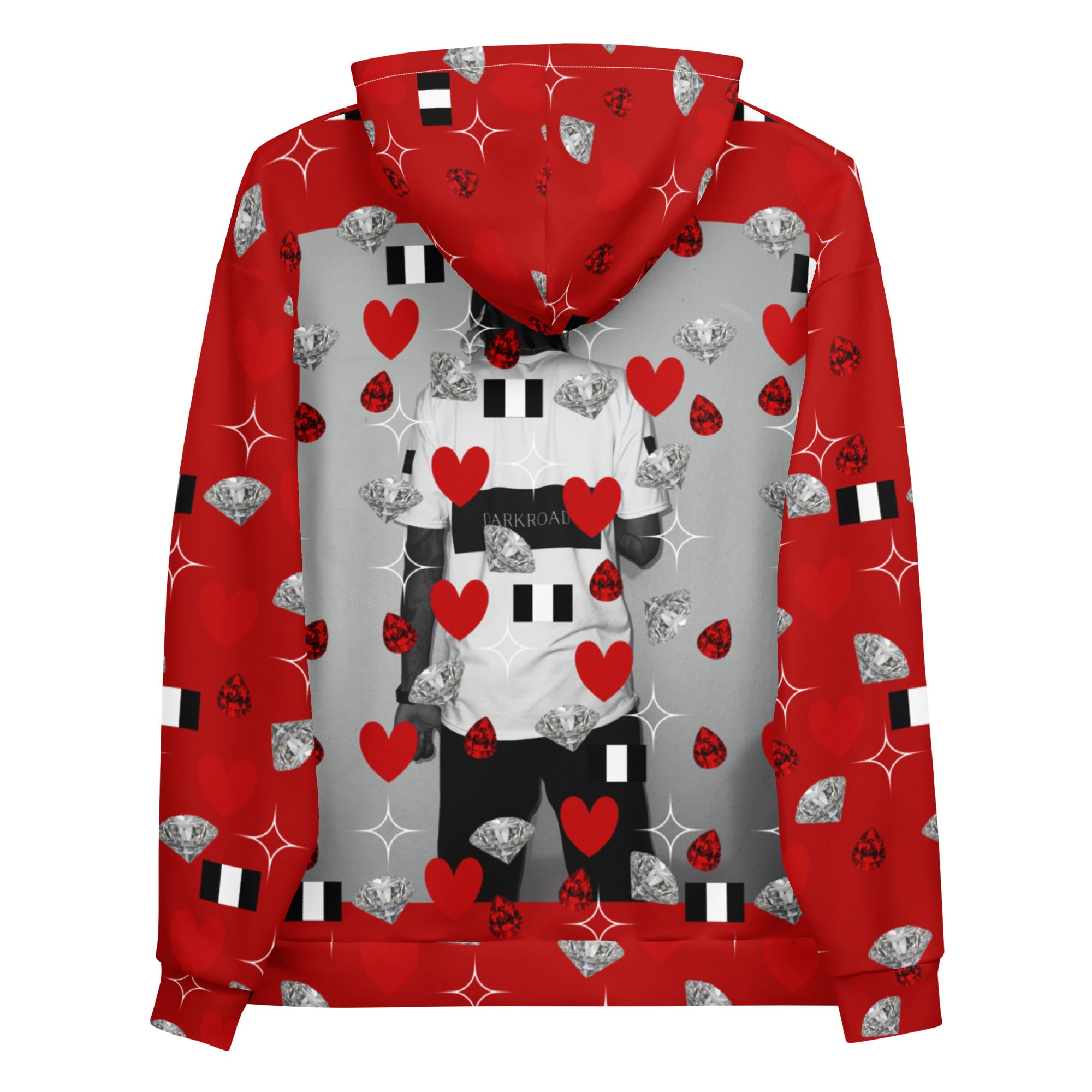 White Daemon Luxury Foreigners Luv Felpa Cappucio hoodie with all-over print design, unisex style, recycled fabric, back view