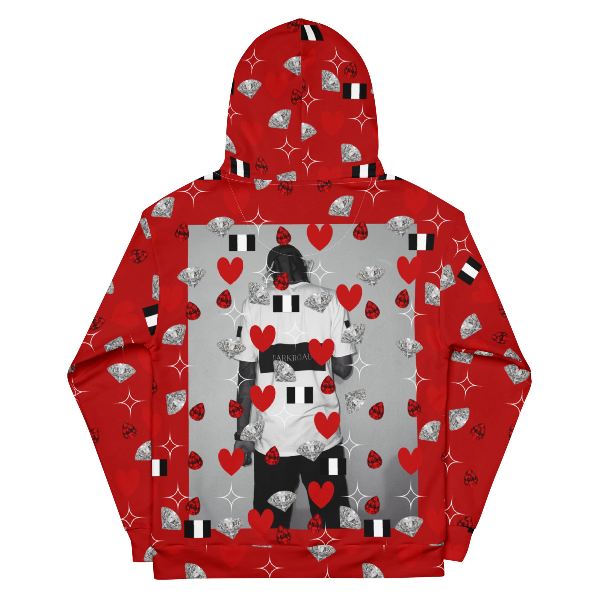 White unisex hoodie by Daemon Luxury with all-over print design featuring the "Foreigners Luv (La Flame)" graphic on the back.