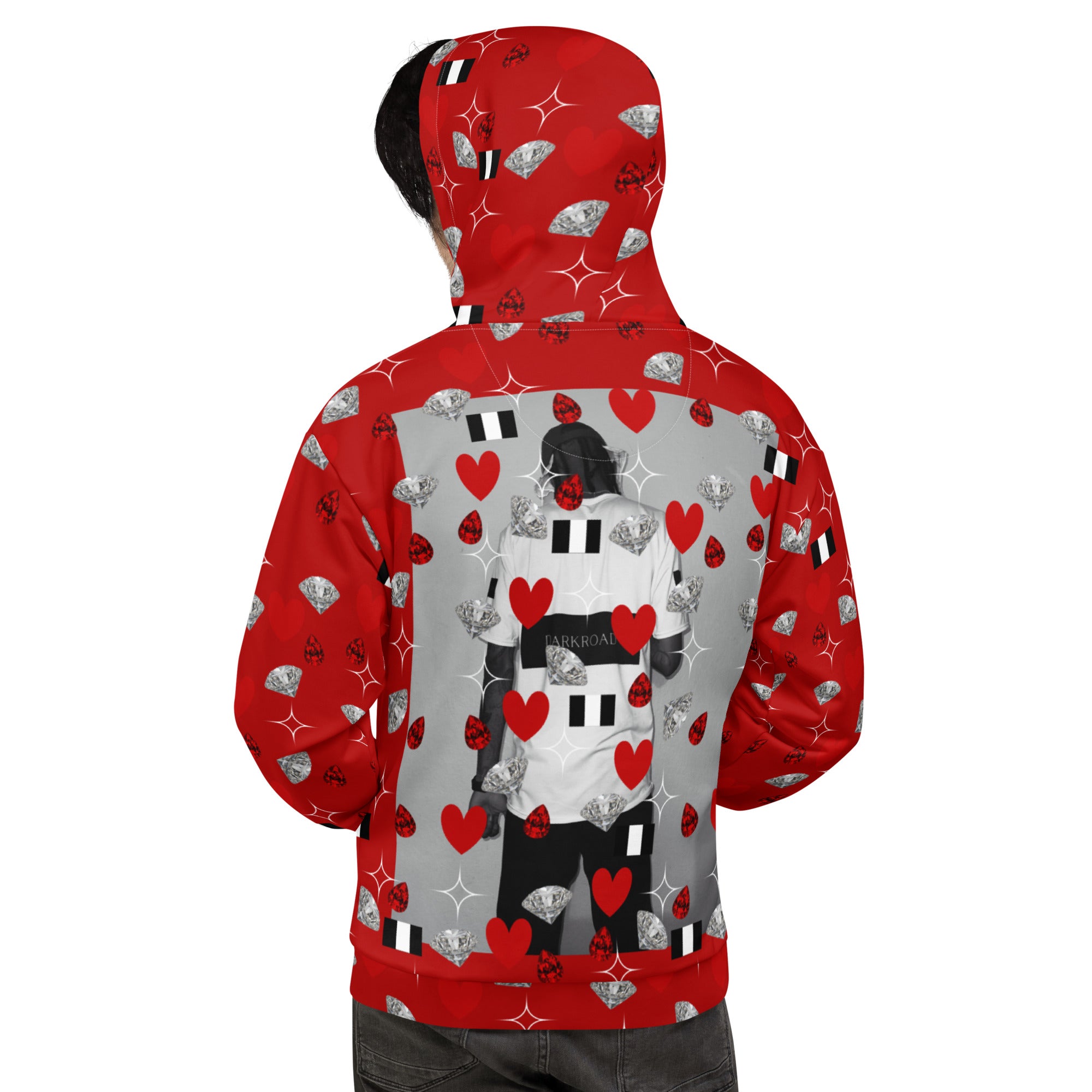 Daemon Luxury Foreigners Luv unisex recycled hoodie with all-over print featuring La Flame design, white background and hood.