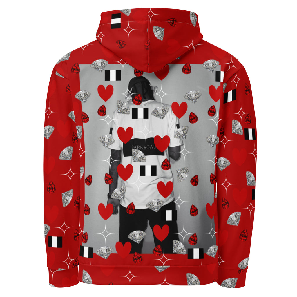 Daemon Luxury Foreigners Luv La Flame Dim unisex hoodie with all-over printed recycled fabric, white back design.