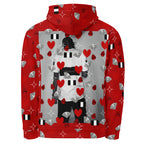 Daemon Luxury Foreigners Luv La Flame Dim unisex hoodie with all-over printed recycled fabric, white back design.