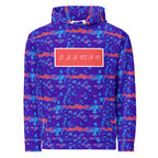 Daemon Serpentine Columbiana Therma unisex hoodie with all-over recycled print and white background, front view.
