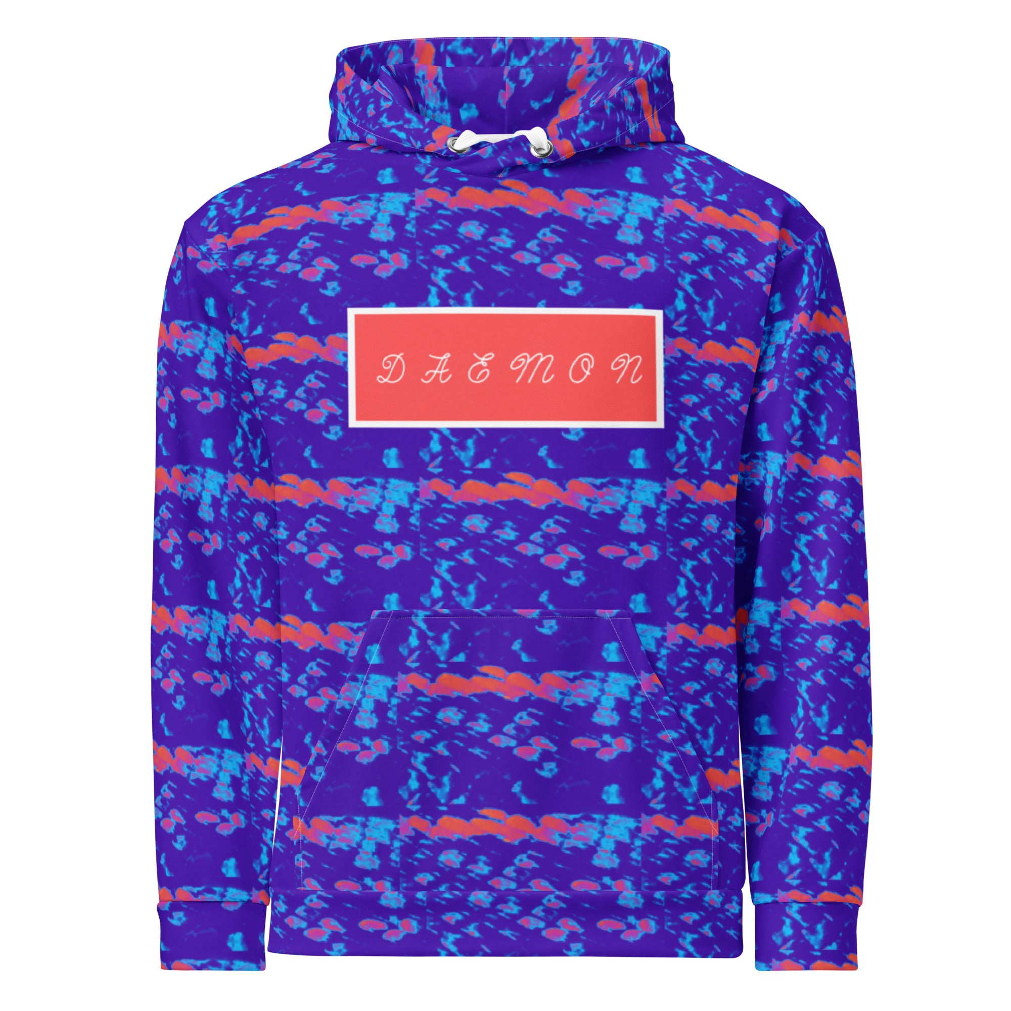 Daemon Serpentine Columbiana Therma unisex hoodie with all-over recycled print and white background, front view.