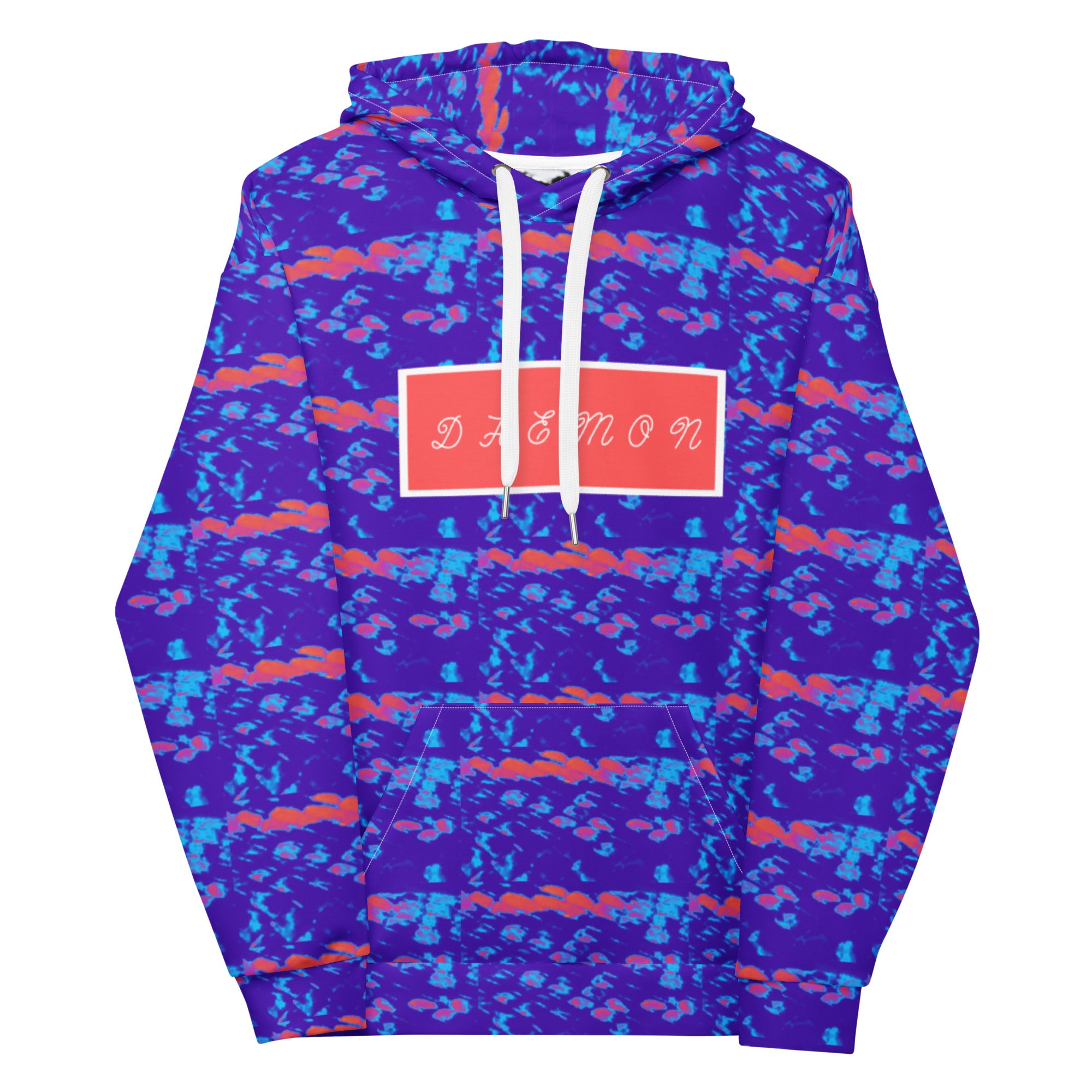 Daemon Serpentine Columbiana Therma unisex hoodie with all-over recycled print and white front, featuring a hood and casual fit.