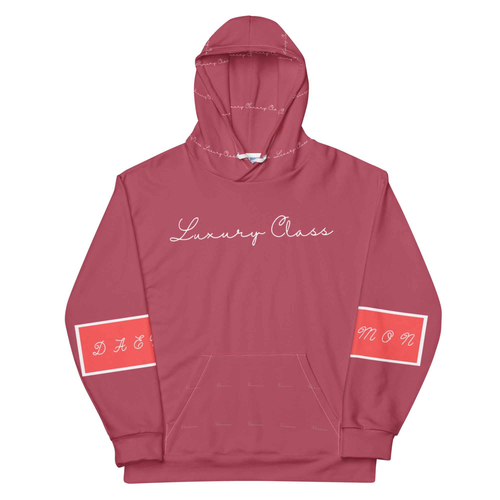 All-over print white hoodie featuring rich ruby stones design from Daemon's recycled unisex Felpa Cappucio collection