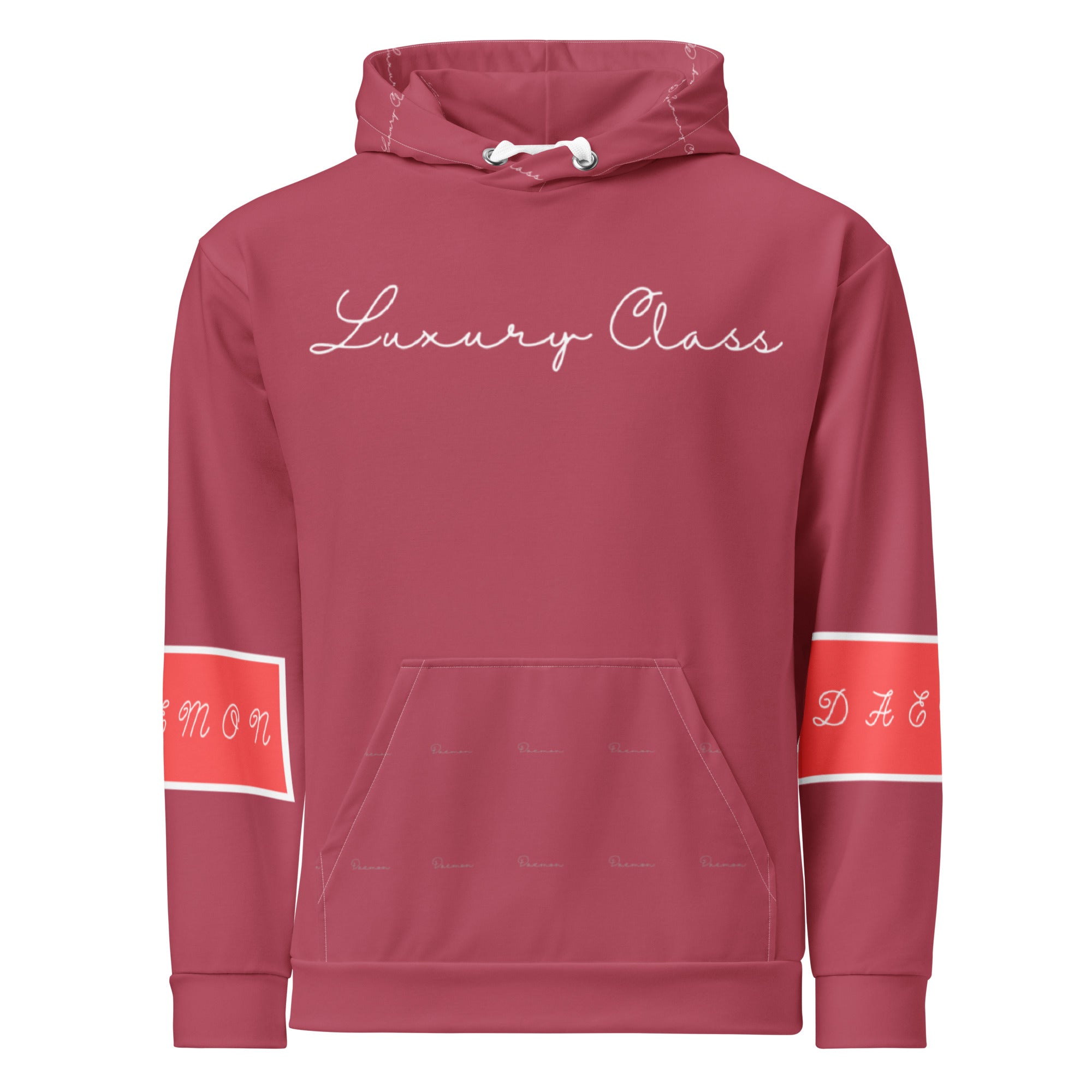 Unisex white hoodie by Daemon featuring all-over print of rich ruby stones on the front.