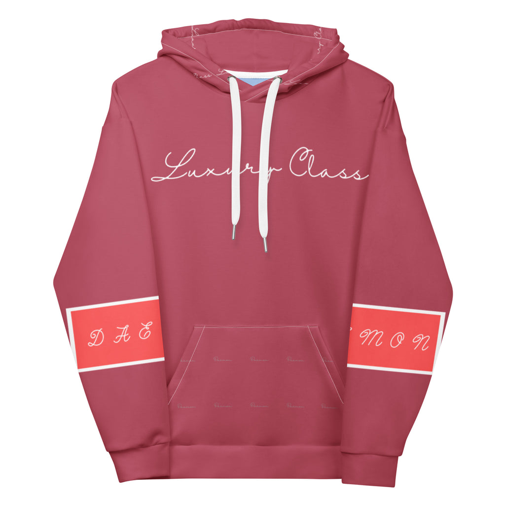 Unisex white hoodie featuring all-over-print rich ruby stones design by Daemon, with a front view and hood.