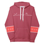 Unisex white hoodie featuring all-over-print rich ruby stones design by Daemon, with a front view and hood.
