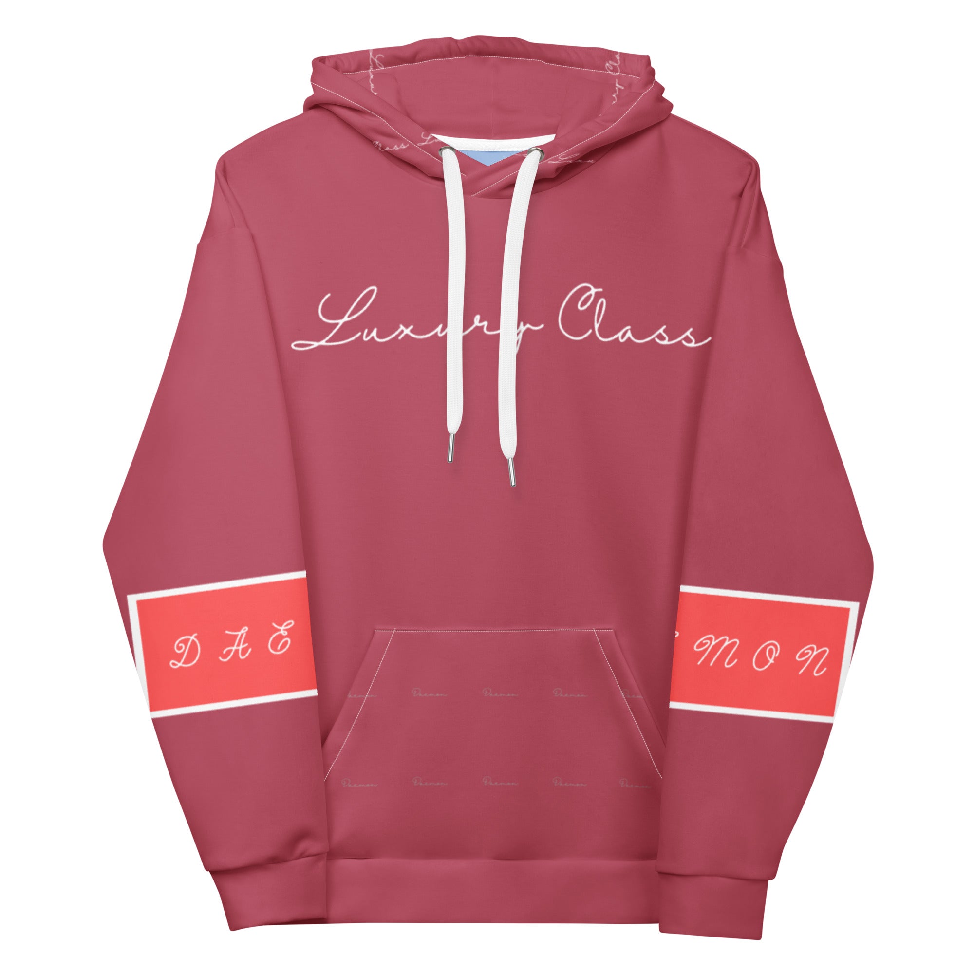 Unisex white hoodie featuring all-over-print rich ruby stones design by Daemon, with a front view and hood.
