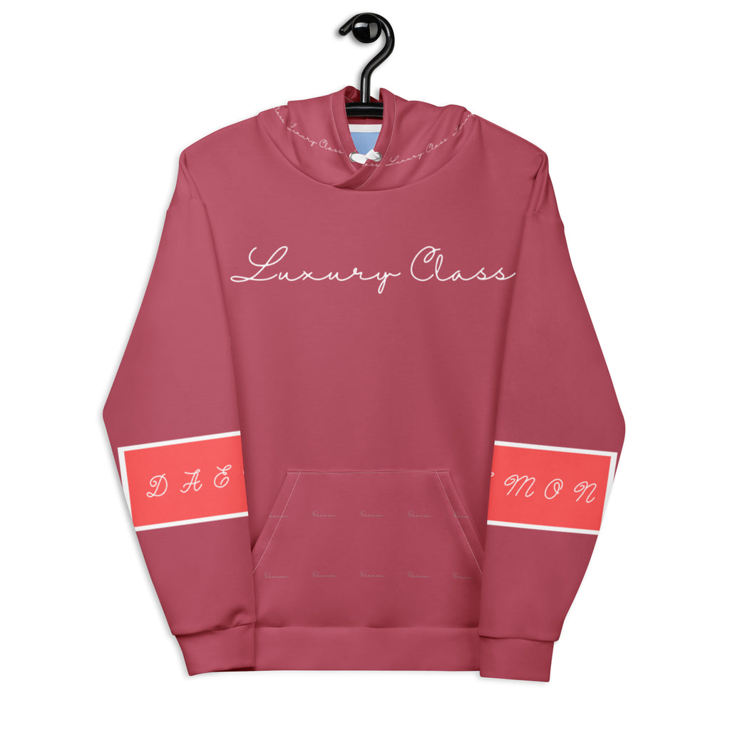 Recycled white unisex hoodie with all-over ruby stone print by Daemon, featuring a front view and hood design.