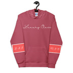Recycled white unisex hoodie with all-over ruby stone print by Daemon, featuring a front view and hood design.