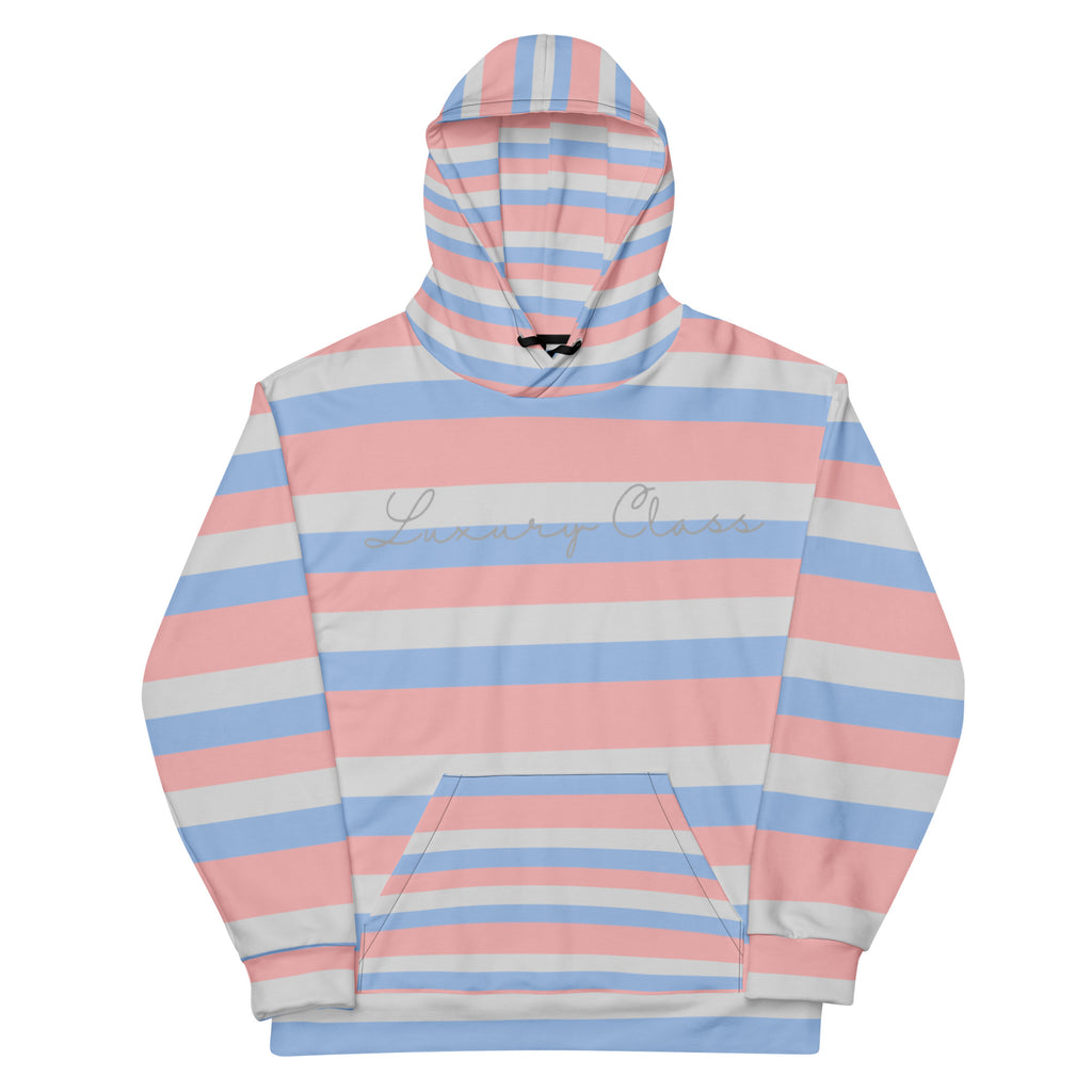 Recycled white unisex hoodie with Love Lines Daemon brand all-over print and front pocket design.