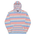 Recycled white unisex hoodie with Love Lines Daemon brand all-over print and front pocket design.