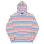 Recycled white unisex hoodie with Love Lines Daemon brand all-over print and front pocket design.