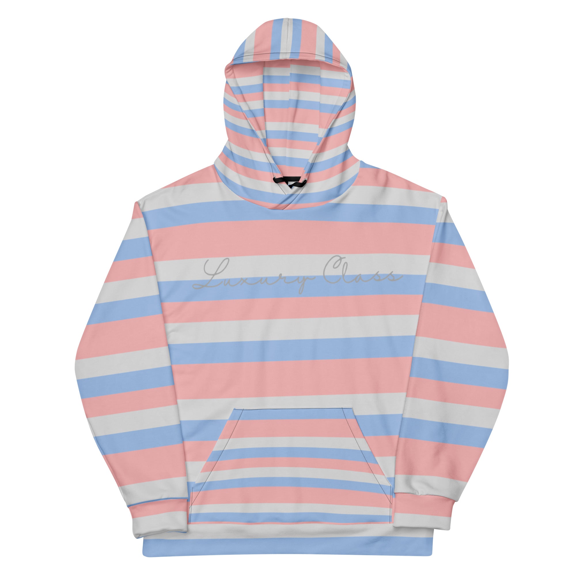 Recycled white unisex hoodie with Love Lines Daemon brand all-over print and front pocket design.