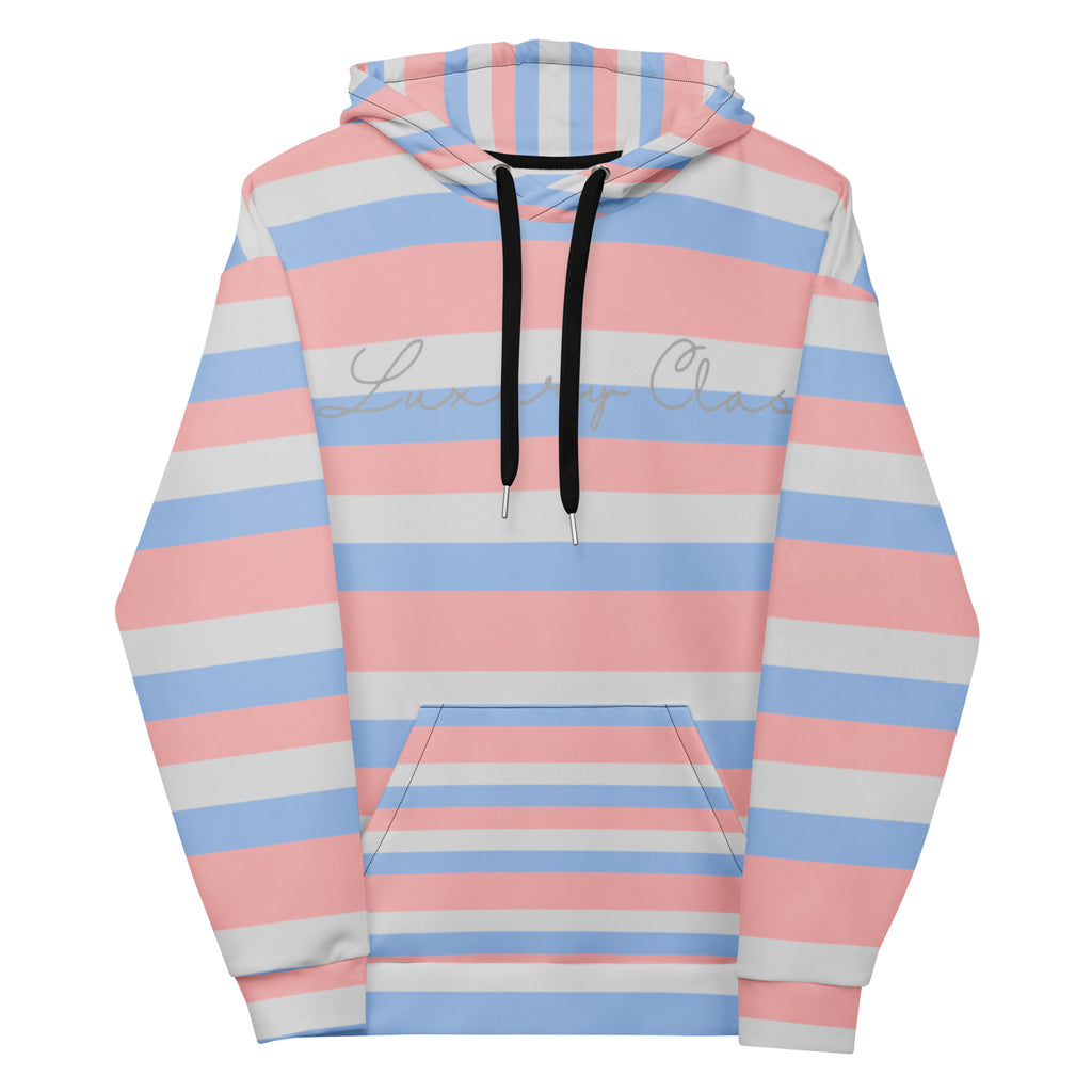 Recycled white unisex hoodie with Love Lines and Daemon brand print, featuring a front view with all-over graphic design.