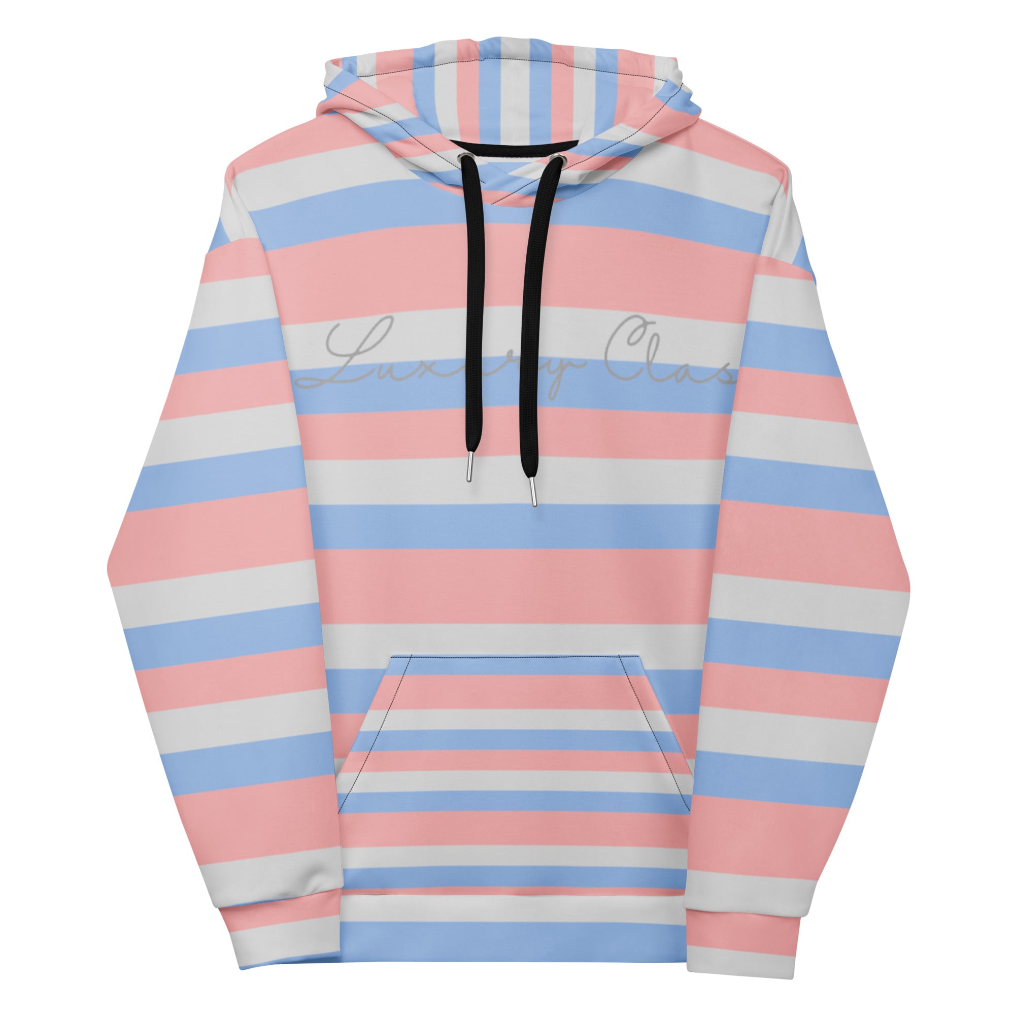 Recycled white unisex hoodie with Love Lines and Daemon brand print, featuring a front view with all-over graphic design.
