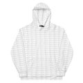White Daemon Cursive Mirrors Felpa Cappucio unisex hoodie with all-over print and recycled fabric, front view showing design details.