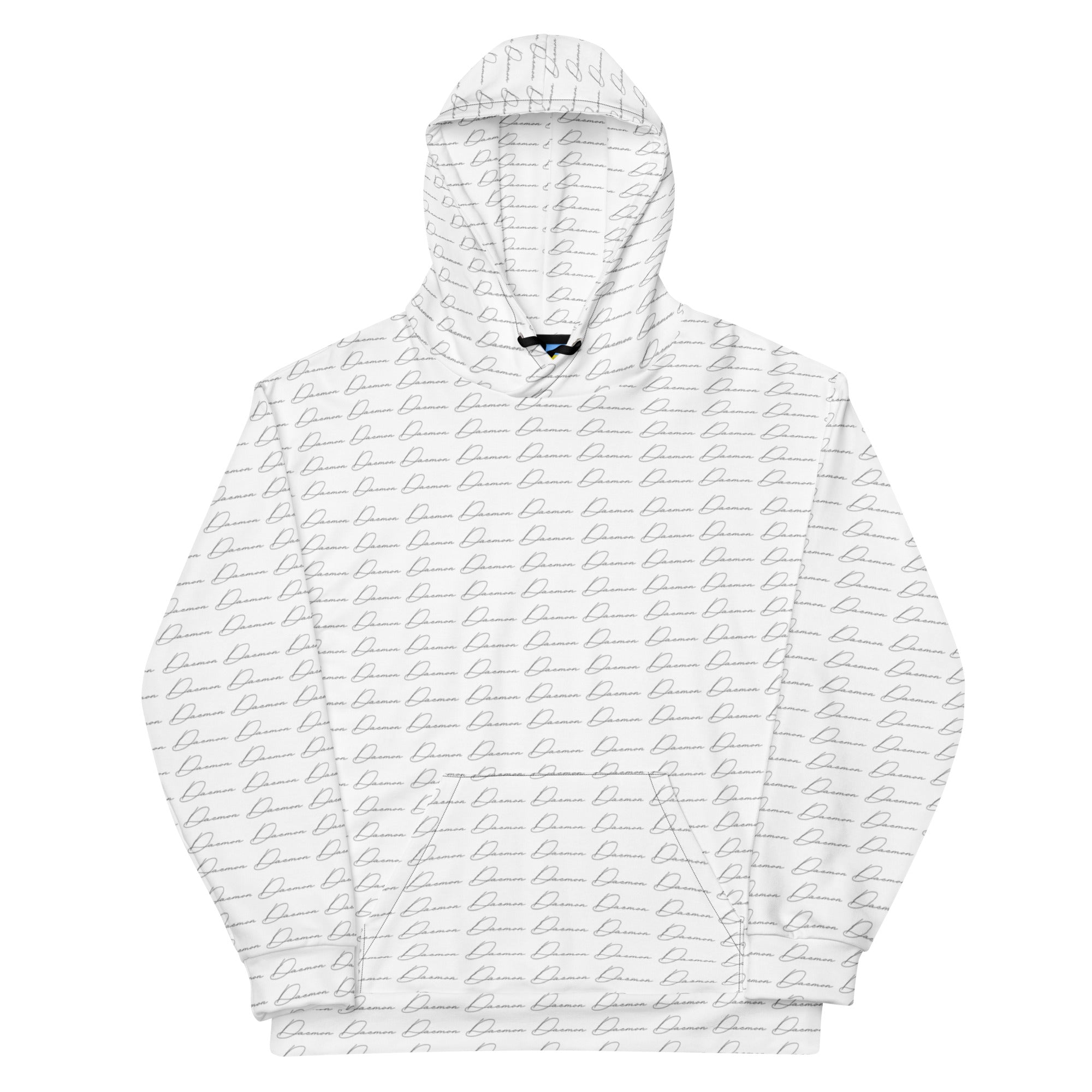 White Daemon Cursive Mirrors Felpa Cappucio unisex hoodie with all-over print and recycled fabric, front view showing design details.