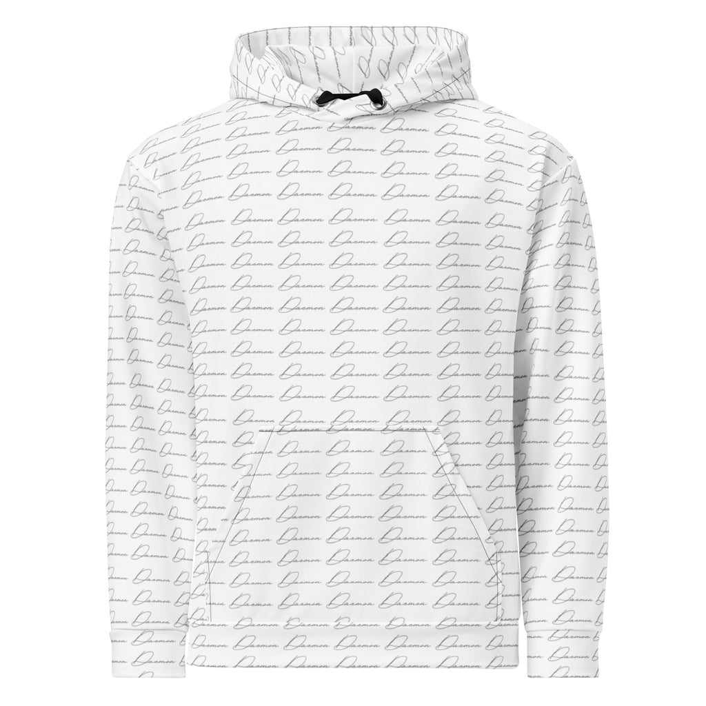 White Daemon Cursive Mirrors Felpa Cappucio unisex hoodie with all-over print and recycled fabric, front view.
