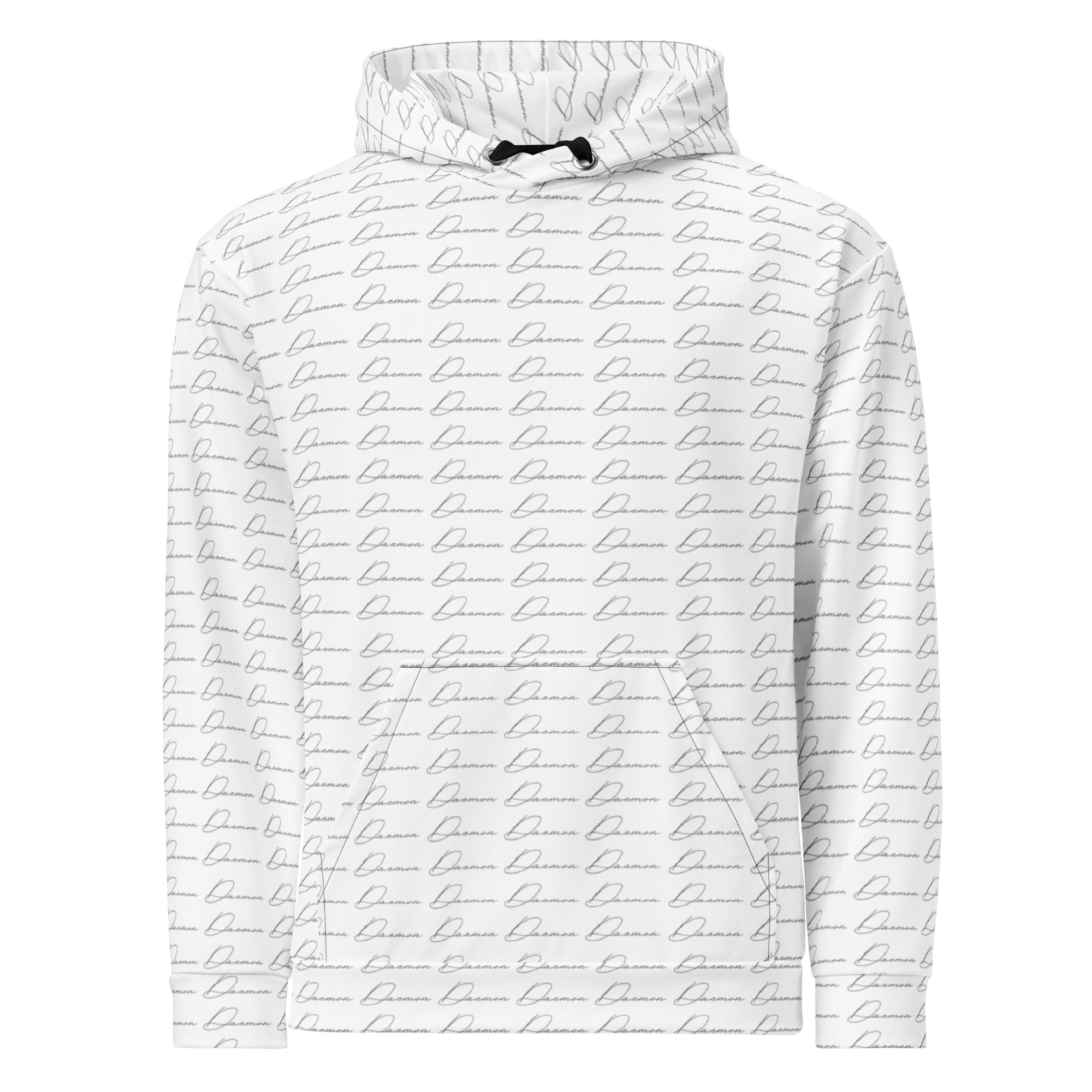 White Daemon Cursive Mirrors Felpa Cappucio unisex hoodie with all-over print and recycled fabric, front view.