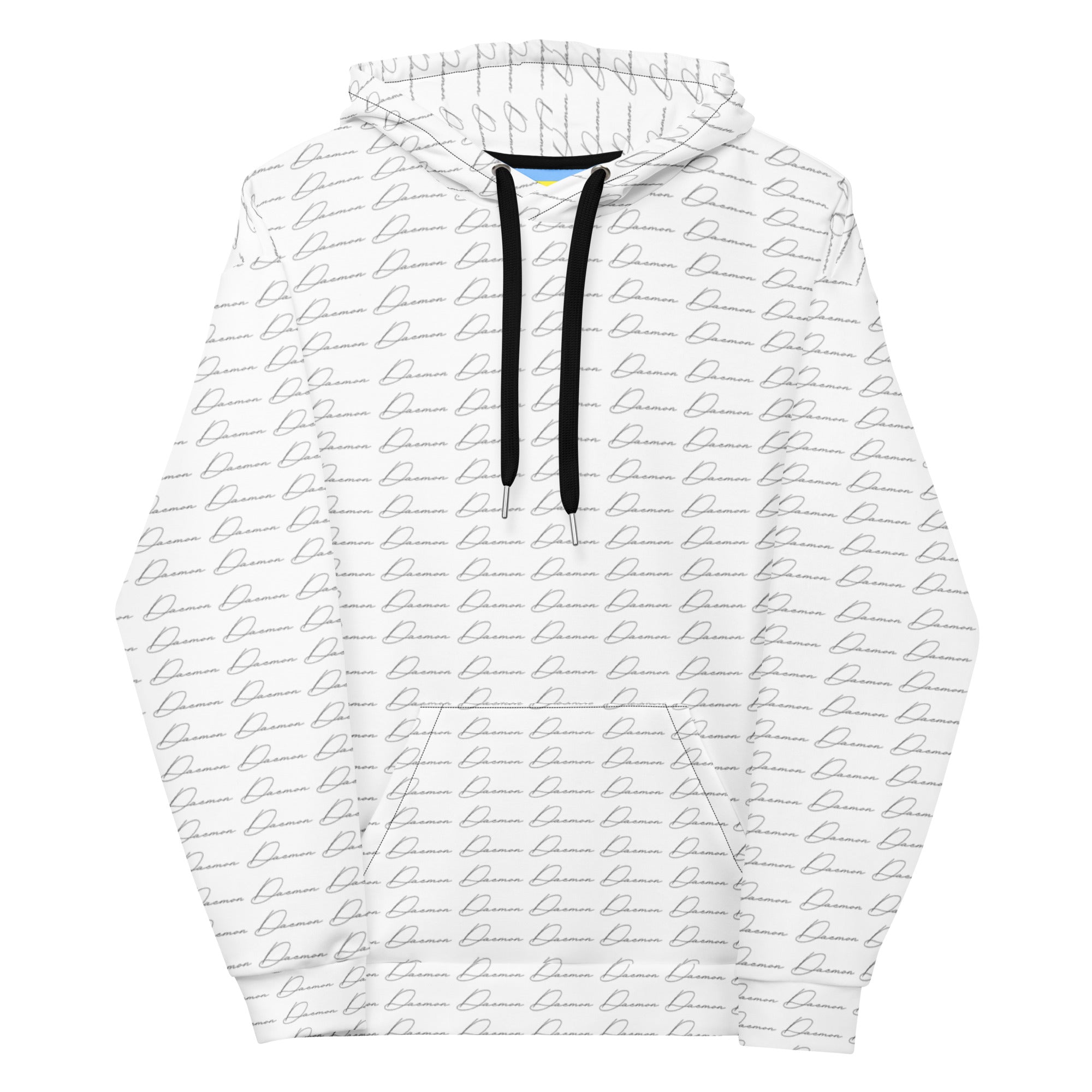 Unisex white hoodie with all-over cursive mirror print and a hood by Daemon, made from recycled materials.