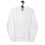 Daemon Cursive Mirrors Felpa Cappucio unisex hoodie with all-over white print and recycled fabric, front view.