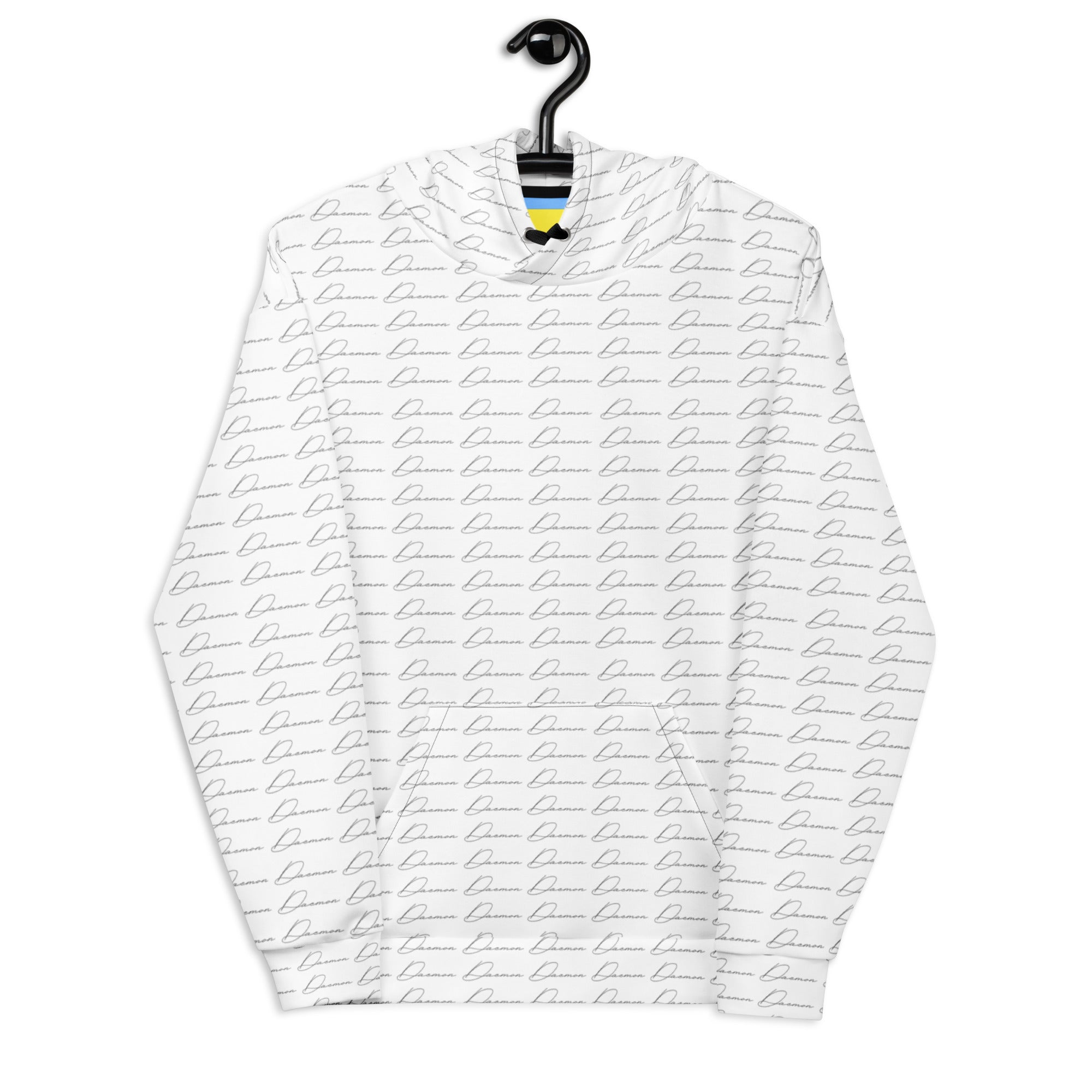 Daemon Cursive Mirrors Felpa Cappucio unisex hoodie with all-over white print and recycled fabric, front view.