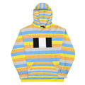 Daemon Pacific Fire Brighter Days recycled unisex hoodie with all-over print and white background, front view.