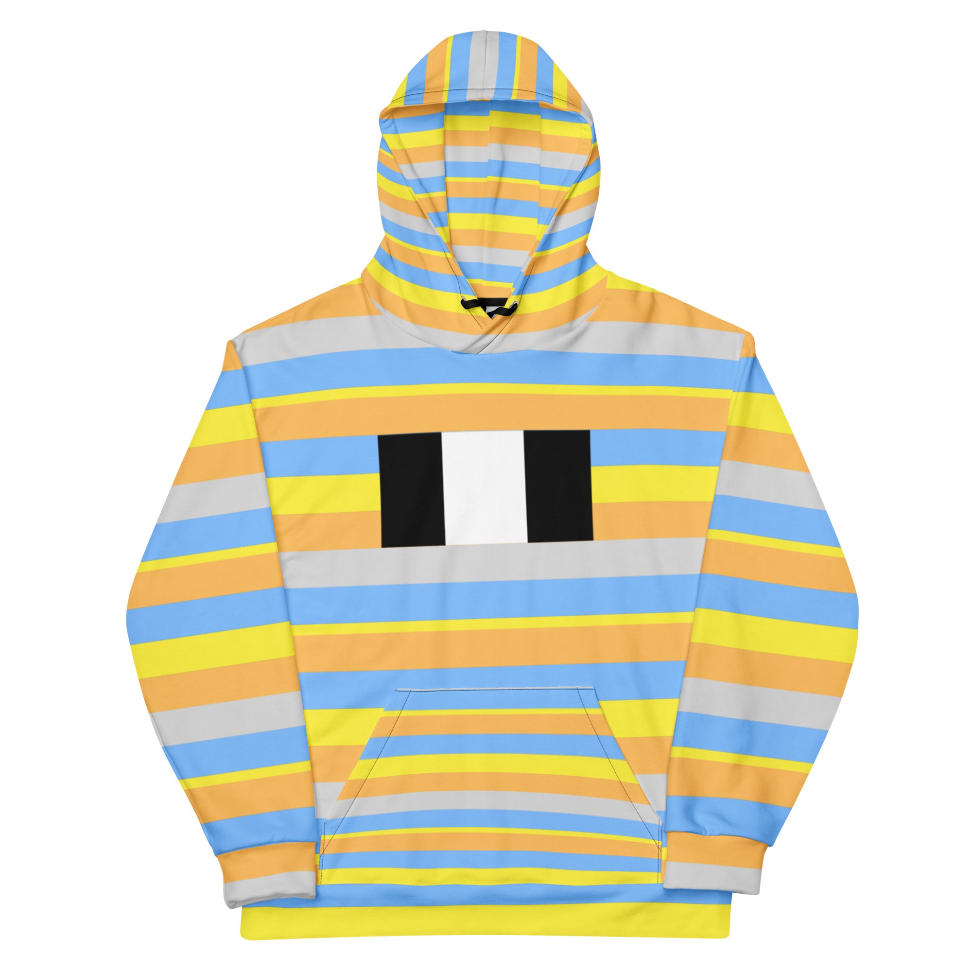 Daemon Pacific Fire Brighter Days recycled unisex hoodie with all-over print and white background, front view.