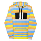 Daemon Pacific Fire Brighter Days unisex hoodie with all-over recycled print, white fabric, front view featuring vibrant design.