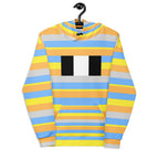Daemon Pacific Fire Brighter Days unisex hoodie with all-over recycled print, white fabric, front view.
