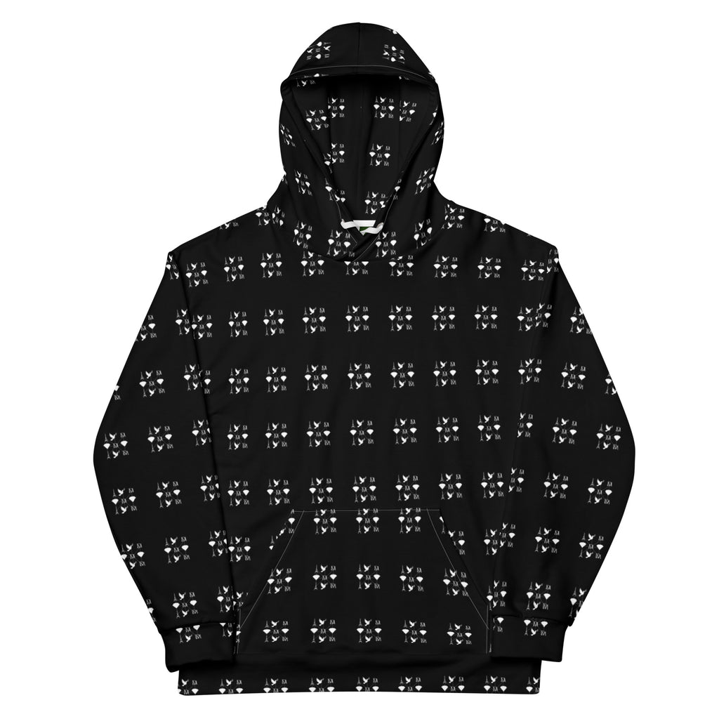 Daemon Makara Coroner unisex recycled hoodie with all-over print in white, featuring a casual front view of the hooded sweatshirt.