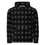Daemon Makara Coroner unisex hoodie with all-over recycled print and hood, white color, front view.