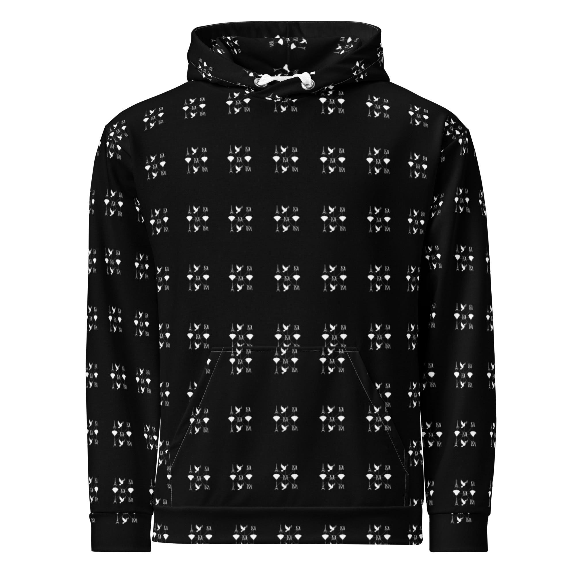 Daemon Makara Coroner unisex hoodie with all-over recycled print and hood, white color, front view.
