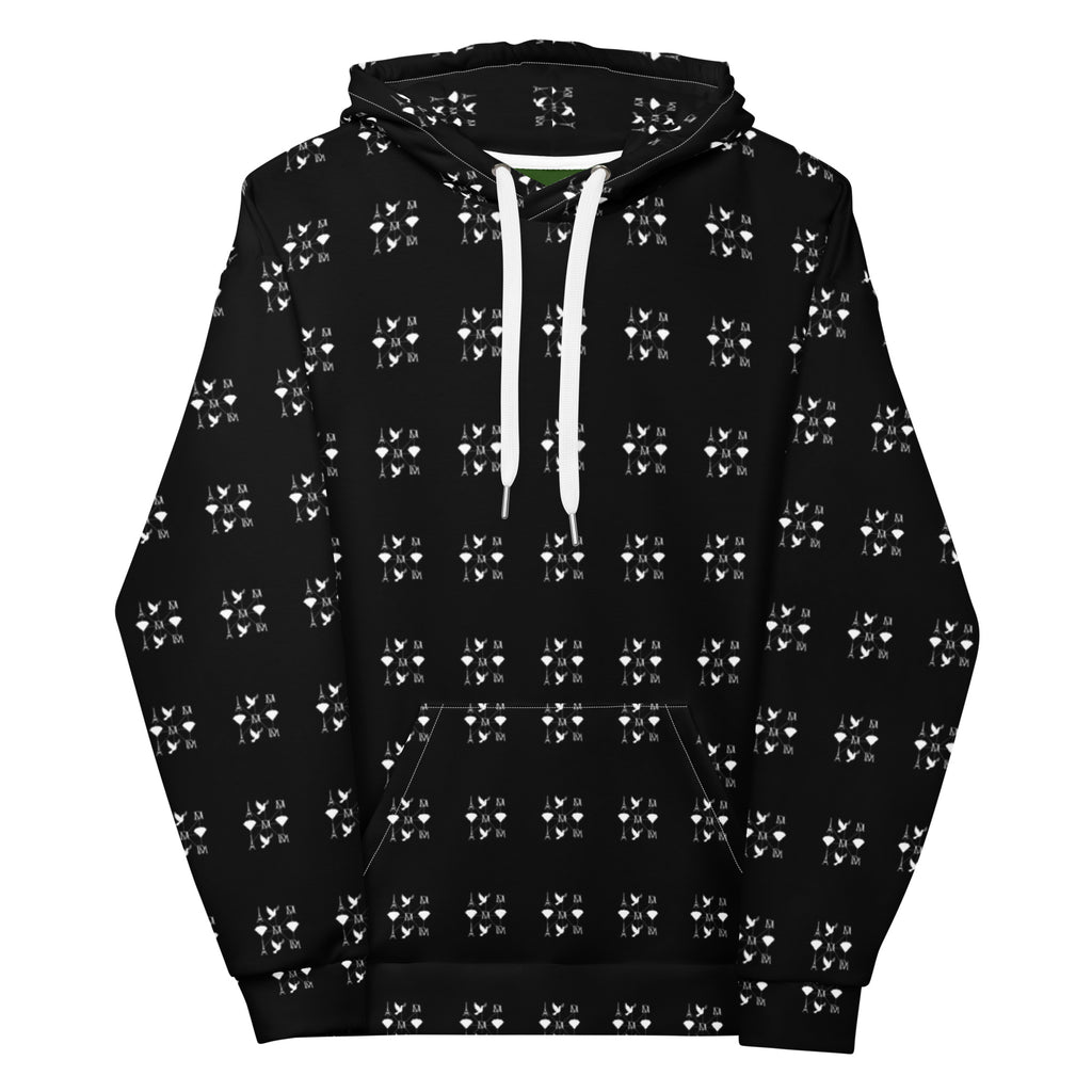 Daemon Makara Coroner unisex white hoodie with all-over printed recycled fabric and hood, front view.
