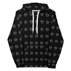 Daemon Makara Coroner unisex white hoodie with all-over printed recycled fabric and hood, front view.