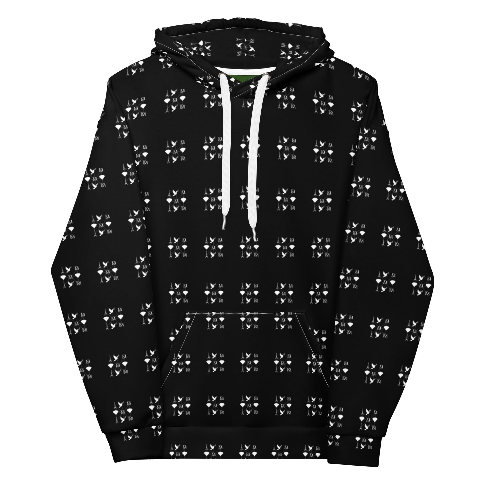 Daemon Makara Coroner unisex white hoodie with all-over printed recycled fabric and hood, front view.