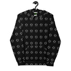 Daemon Makara Coroner unisex hoodie with all-over recycled print and white background, featuring a hood and front design.