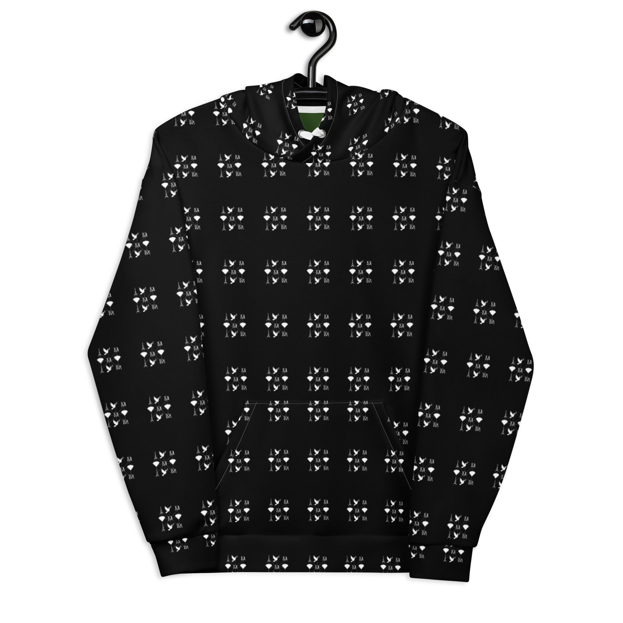 Daemon Makara Coroner unisex hoodie with all-over recycled print and white background, featuring a hood and front design.