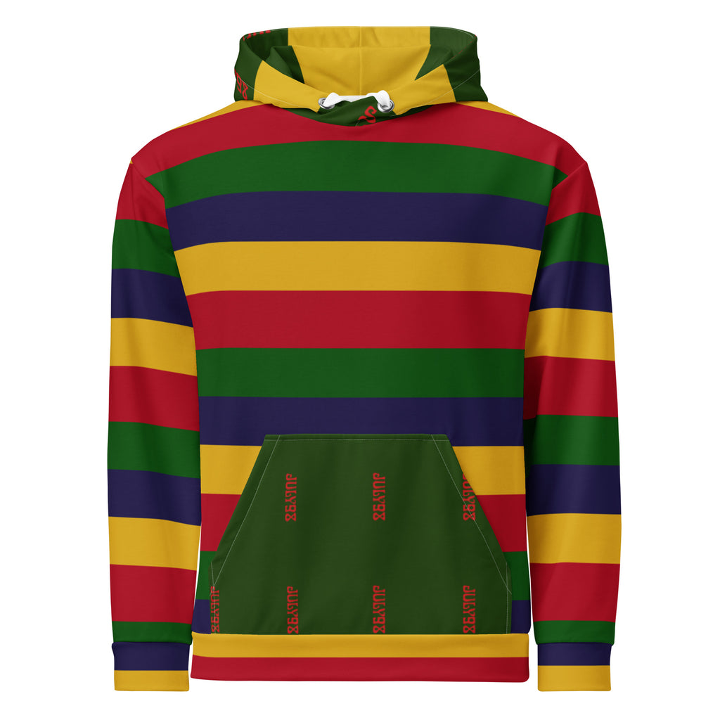 Daemon Laid Ruby Stones unisex hoodie with all-over print featuring vibrant ruby stone designs on a white recycled fabric.