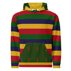 Daemon Laid Ruby Stones unisex hoodie with all-over print featuring vibrant ruby stone designs on a white recycled fabric.