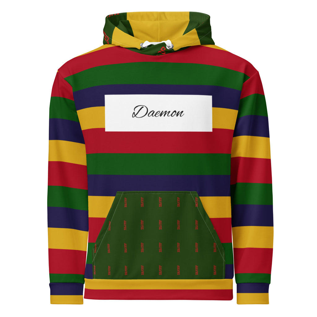 Daemon Laid Ruby Stones unisex recycled hoodie with all-over white print and hood, casual and eco-friendly fashion.