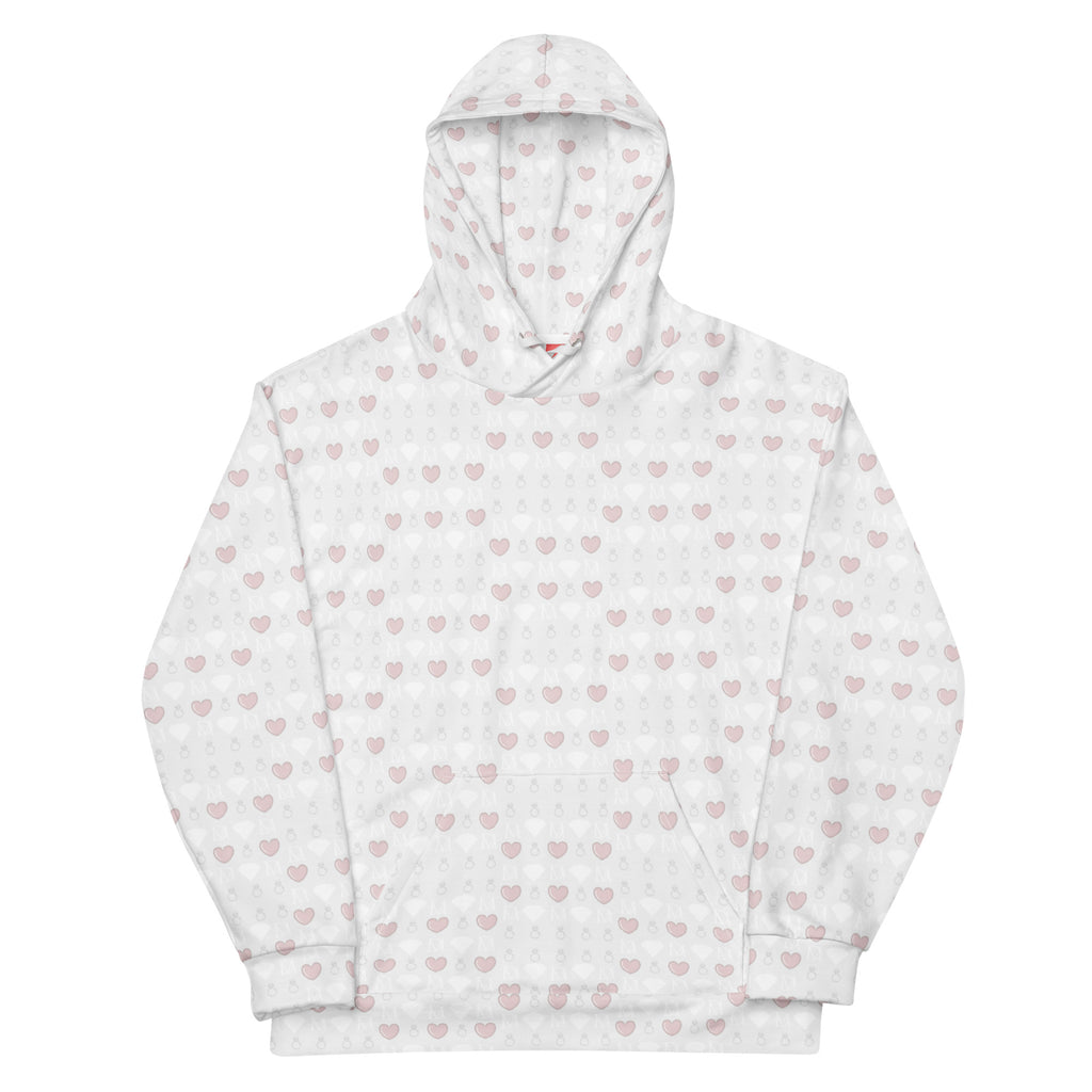 Unisex white hoodie with all-over frosted diamond print design by Daemon, featuring a comfortable hood and recycled fabric.